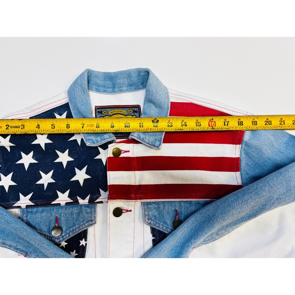 Fuse Paris M Denim Bomber Jacket USA Flag‎ Stars Stripes Trucker Moto VTG Unisex - Picture 9 of 15